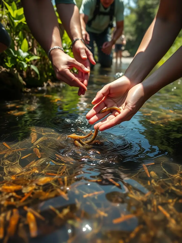 A serene image of volunteers releasing juvenile eels into a clear, flowing river, emphasizing the organization's commitment to repopulating local waterways.