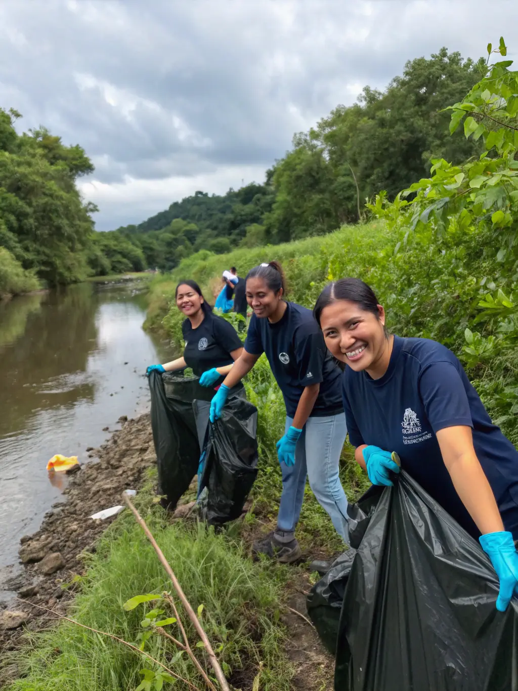 A picture of volunteers cleaning up debris along a riverbank, highlighting the organization's dedication to maintaining clean and healthy aquatic environments.