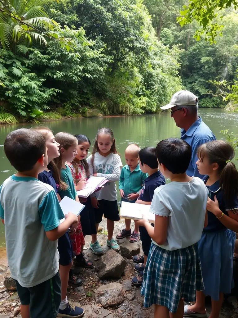A photograph of a group of children participating in a guided fishing tour, showcasing the educational aspect of the organization's activities.