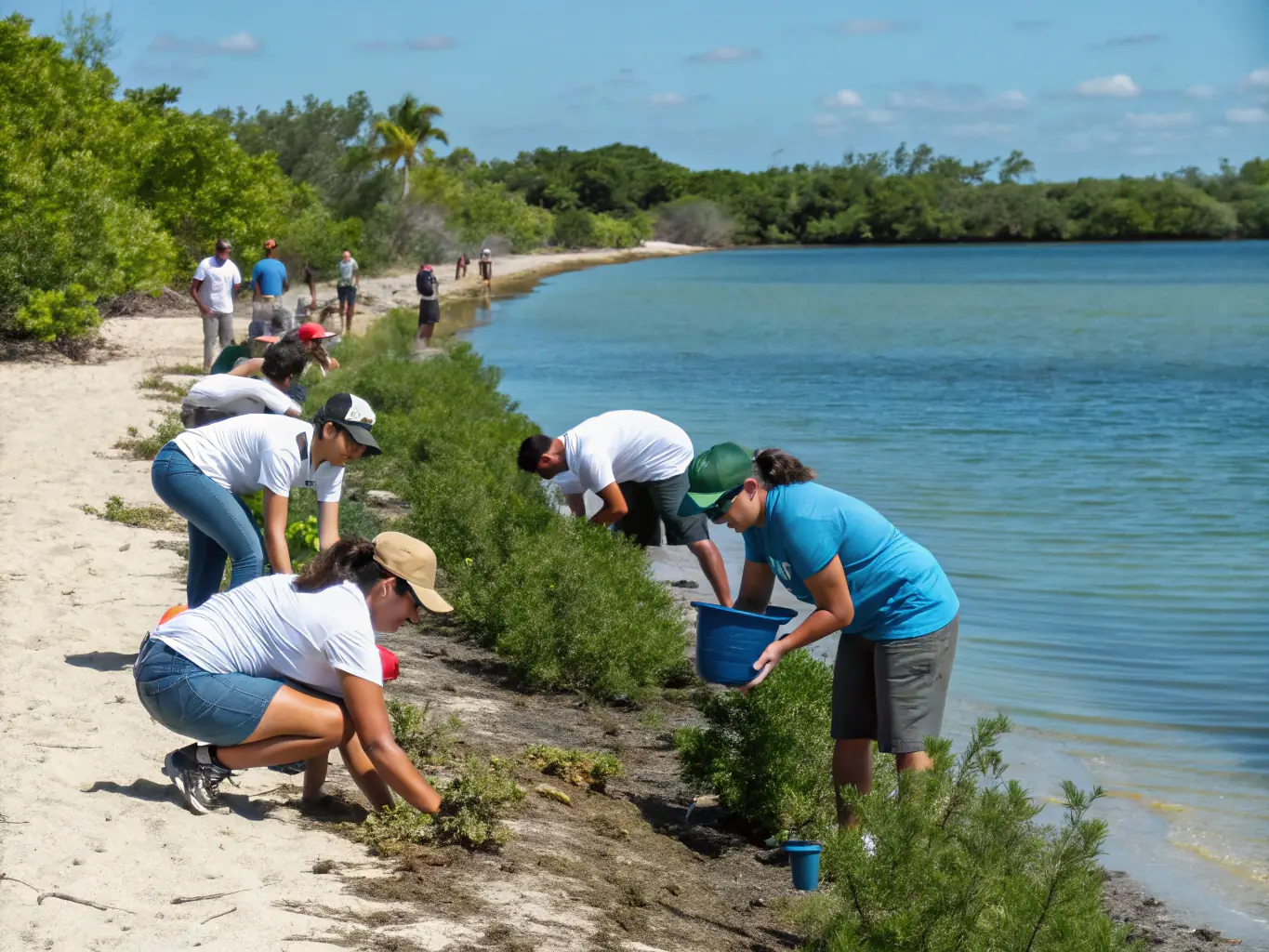 A group of volunteers planting vegetation along a riverbank to restore the habitat.