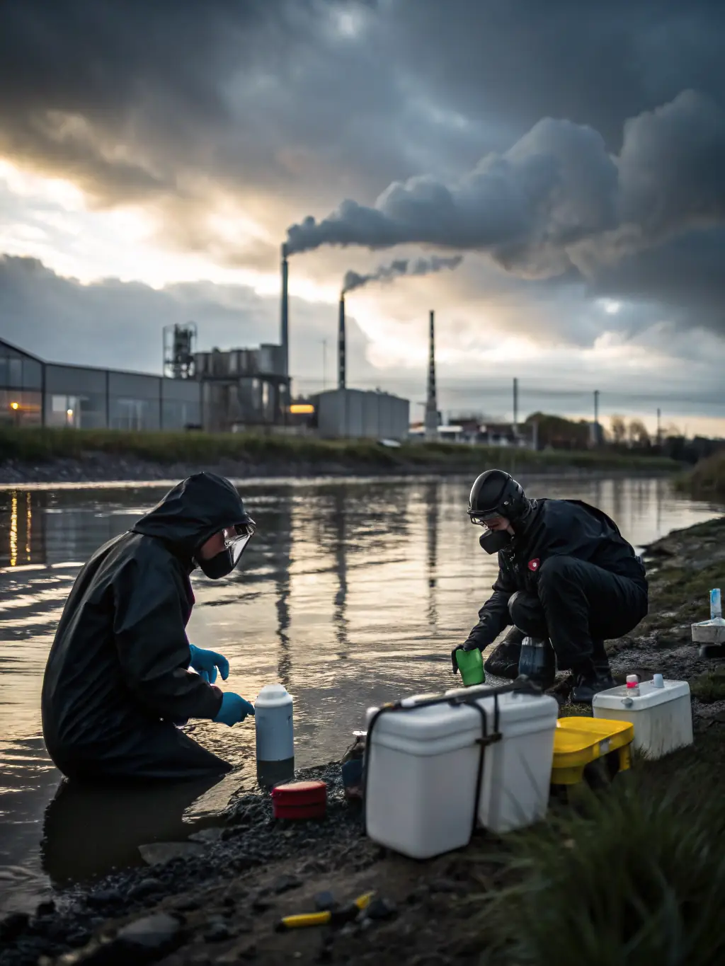 An image of a scientist collecting water samples from a river, illustrating the organization's commitment to monitoring and protecting water quality.